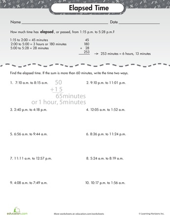 How Much Time Has Gone By? worksheet for third grade students Worksheet for calculating elapsed time in life science for third graders