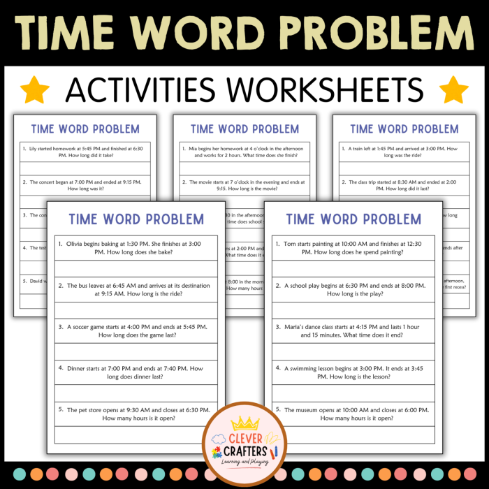 Worksheet image illustrating various elapsed time scenarios for third-grade grammar and mechanics lessons Elapsed Time Word Problems 2 worksheet featuring questions for third graders to practice calculating elapsed time