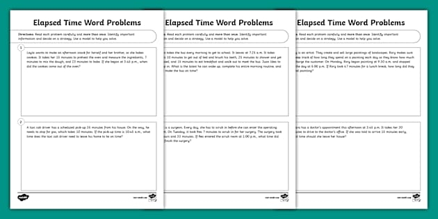 Third grade student completing an elapsed time word problems worksheet for math practice