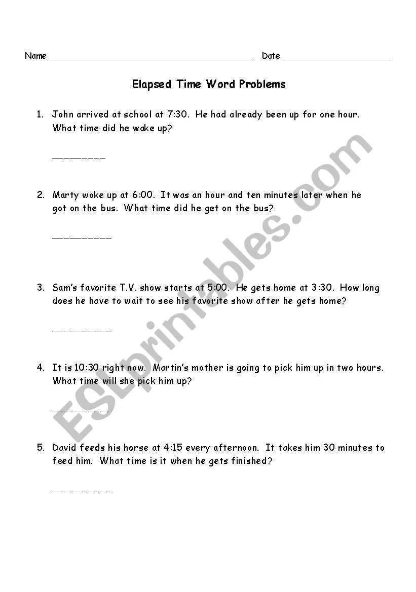 Visual guide to practicing elapsed time calculations in classroom activities Worksheet featuring elapsed time word problems for third graders
