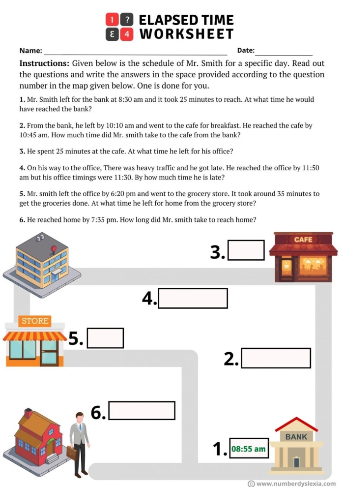 Worksheet illustration demonstrating elapsed time concepts for third graders Elapsed Time Word Problems 2 worksheet for third grade students focusing on calculating time intervals