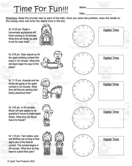 Third grade math worksheet showing sporting events with clocks and elapsed time problems for students to solve