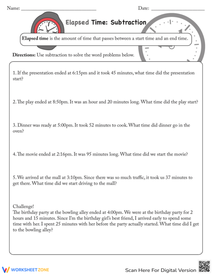 Worksheet image illustrating how to solve elapsed time problems using subtraction techniques Elapsed time subtraction worksheet for third-grade students practicing word problems