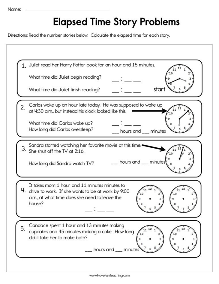 Third grade worksheet on calculating elapsed time in various scenarios Worksheet featuring elapsed time word problems for third graders