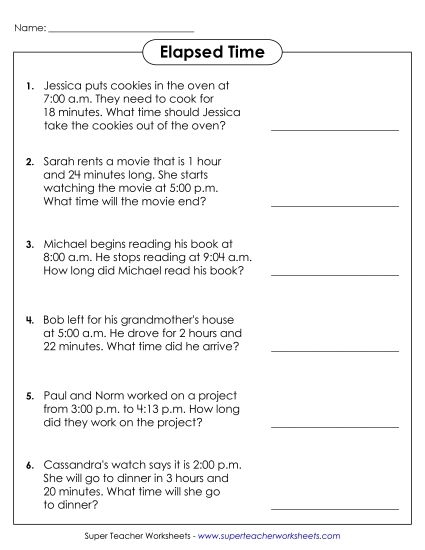 Worksheet featuring Elapsed Time Word Problems for third graders