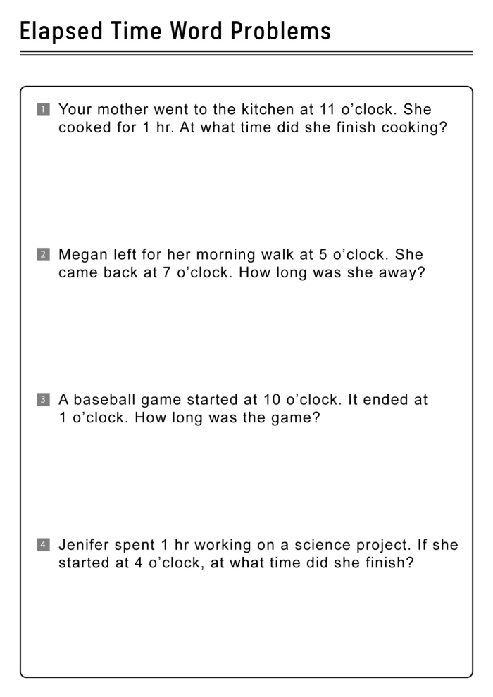 Worksheet featuring elapsed time word problems for third graders to enhance their division skills. Elapsed Time Word Problems 1 worksheet for third-grade students.