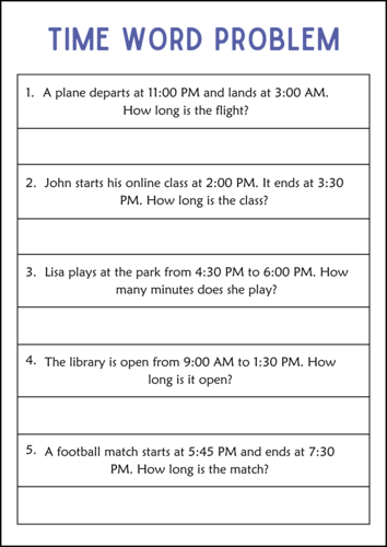 Worksheet for practicing elapsed time word problems for third graders