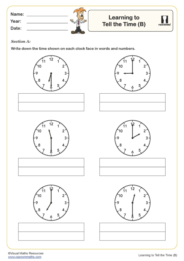 Worksheet for calculating elapsed time with a clock illustration for third graders