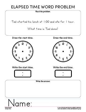 Worksheet illustration showcasing students engaged in solving elapsed time scenarios Elapsed Time Word Problems 2 worksheet for third graders focusing on calculating time duration during activities