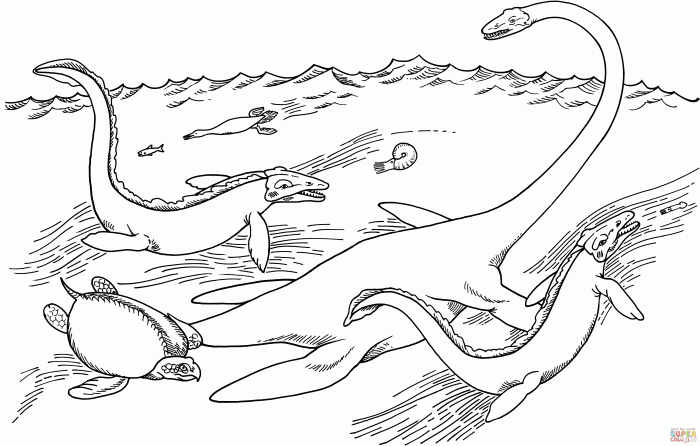 Kindergarten student coloring a worksheet showing an Elasmosaurus swimming underwater