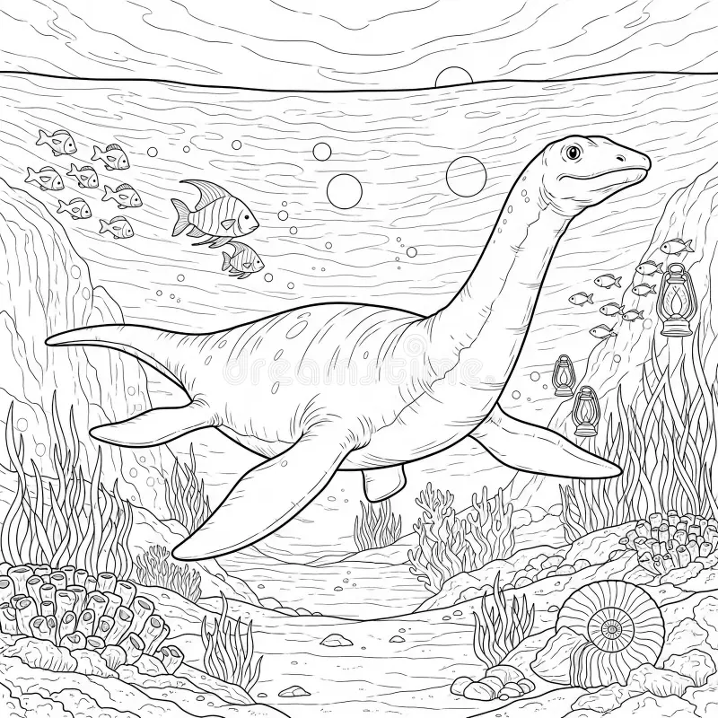 Kindergarten student coloring a worksheet featuring a friendly Elasmosaurus swimming underwater