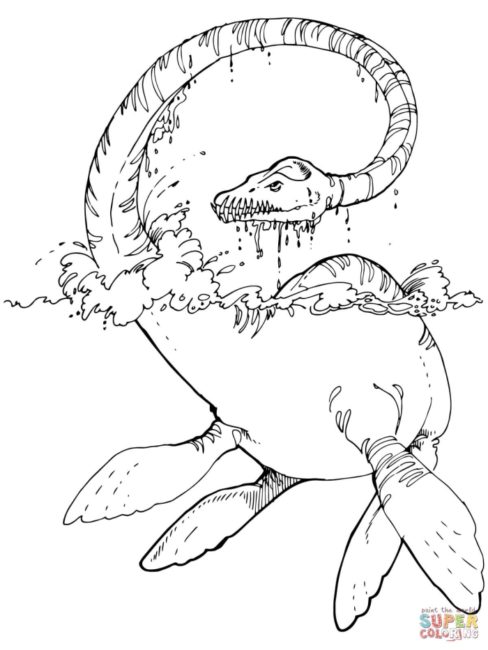 Coloring worksheet featuring an Elasmosaurus swimming in an underwater scene for kindergarten kids