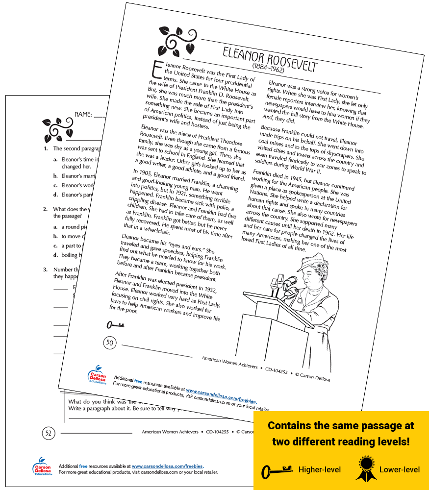 A vocabulary worksheet featuring a portrait and facts about Eleanor Roosevelt for fourth grade students
