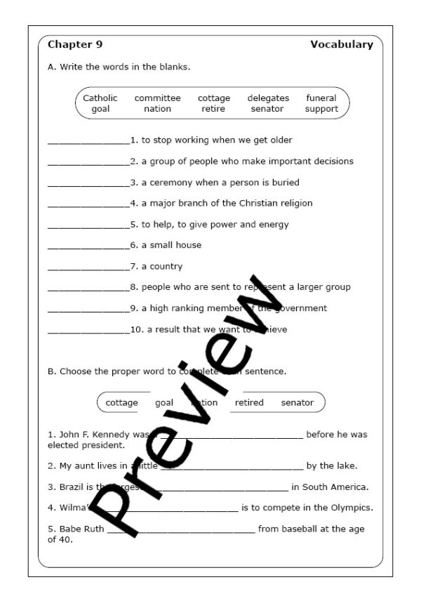 Fourth grade vocabulary worksheet featuring an illustration of Eleanor Roosevelt and facts about her humanitarian legacy