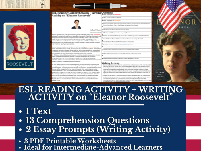 Eleanor Roosevelt worksheet for fourth graders focusing on her contributions as a humanitarian and U.N. delegate