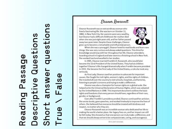 Eleanor Roosevelt worksheet for fourth graders focusing on her contributions and legacy. Educational resource highlighting the first U.S. delegate to the United Nations in 1942.
