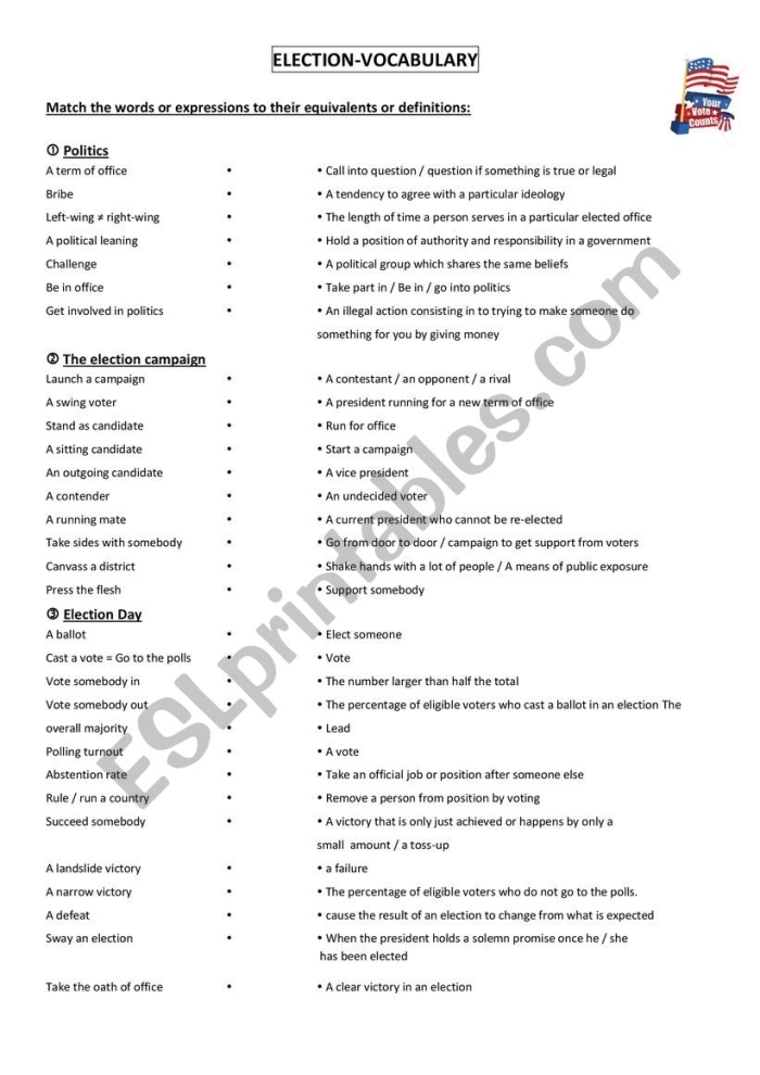 Engaging patriotic worksheet for fourth graders to learn election terms Election Vocabulary worksheet featuring a matching activity for students