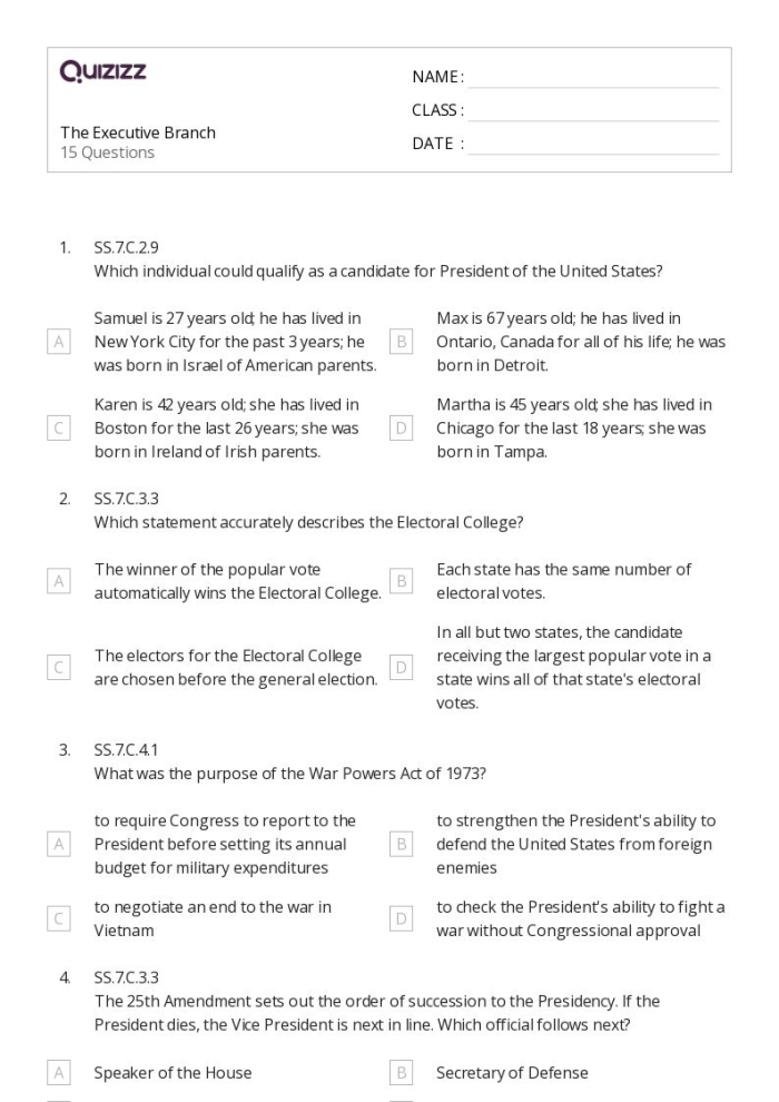 Sixth grade students completing a civics worksheet about executive departments and government functions