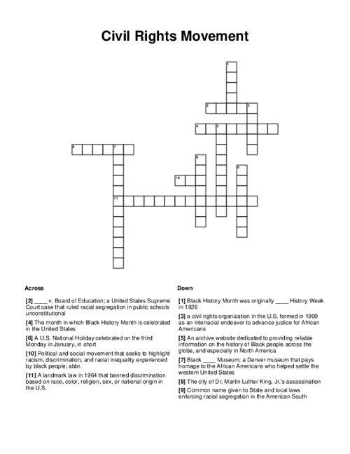 Fifth grade American Civil Rights Movement crossword puzzle worksheet featuring historical events and key figures