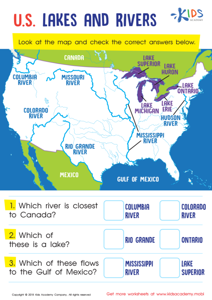 Second grade students solving multiplication problems to identify and label major U.S. rivers on a map worksheet