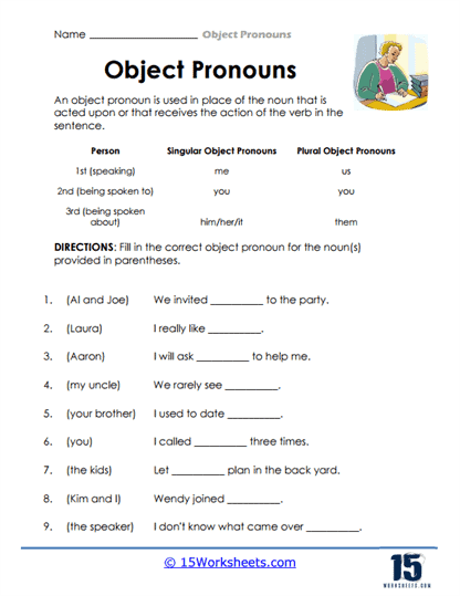 Third grade grammar worksheet showing object pronoun replacement exercises with illustrated examples for young learners