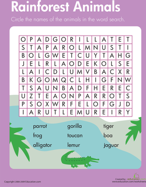 Habitats Word Search Ocean Animals Worksheet for Elementary Science Learning Third grade students searching for ocean animal words including blue whale, squid, and shark in a word search puzzle grid
