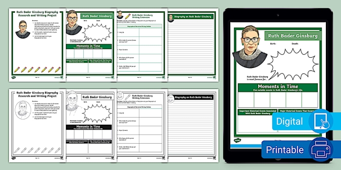 Ruth Bader Ginsburg Biography Worksheet 15 Fifth grade biography worksheet featuring an educational reading passage about Ruth Bader Ginsburg