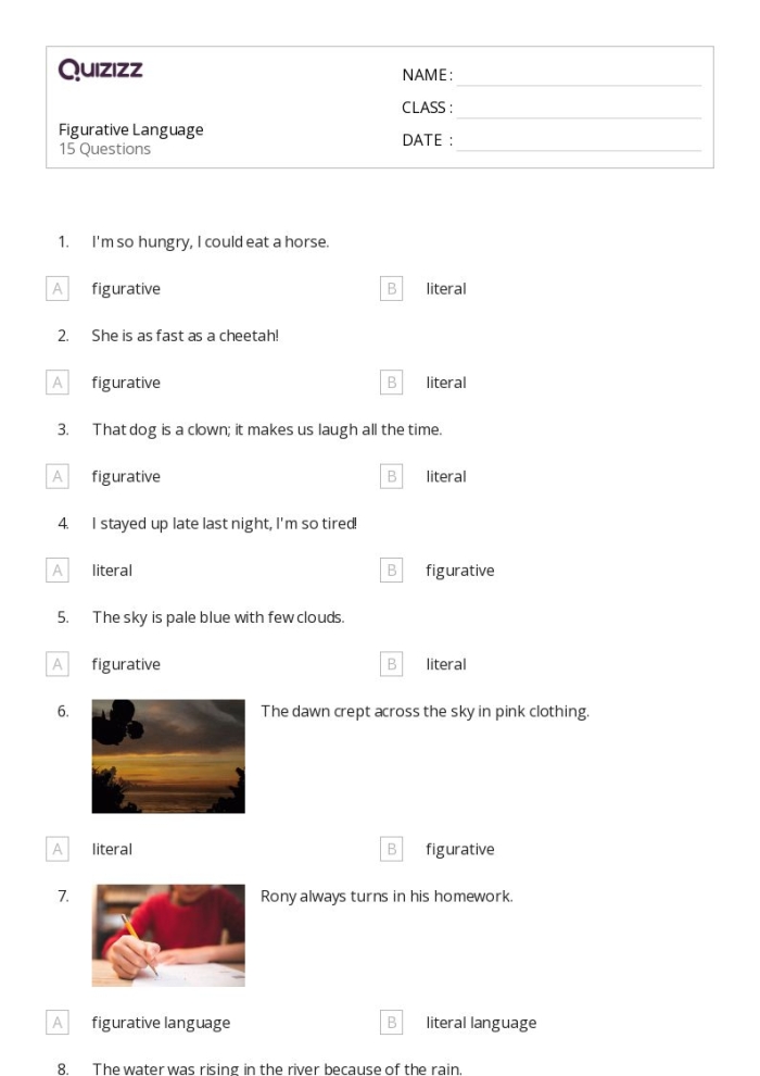 Making Sense of Figurative Language 2 Worksheet Page 25 Third grade students identifying similes in nine sentences on the Making Sense of Figurative Language 2 worksheet