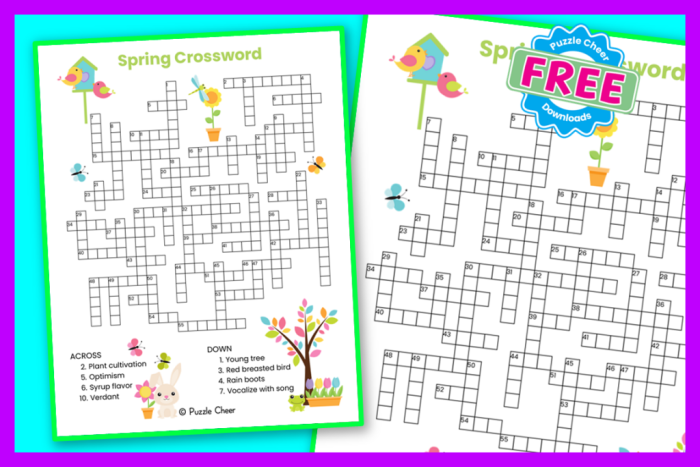 Second grade spring crossword puzzle worksheet with fractions vocabulary and clues for young learners to practice spelling and word recognition