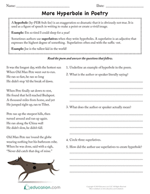 A fifth grade student reading a poetry worksheet that explains hyperbole with exaggerated examples and colorful illustrations