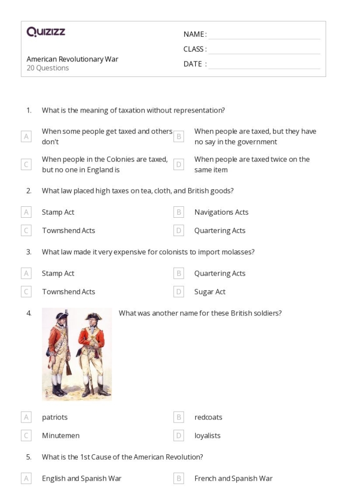 People of the Revolutionary War: Key Figures Study Guide for Elementary Students Fifth grade students completing a worksheet about important figures from the American Revolutionary War