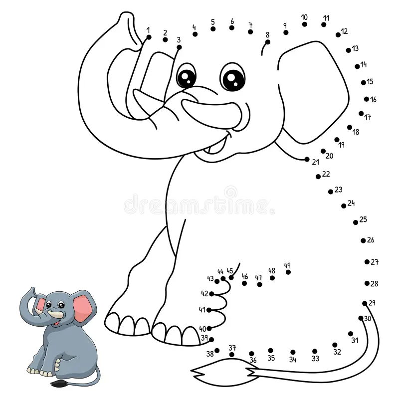 Kindergarten student connecting dots in numerical order to reveal an elephant shape on a worksheet