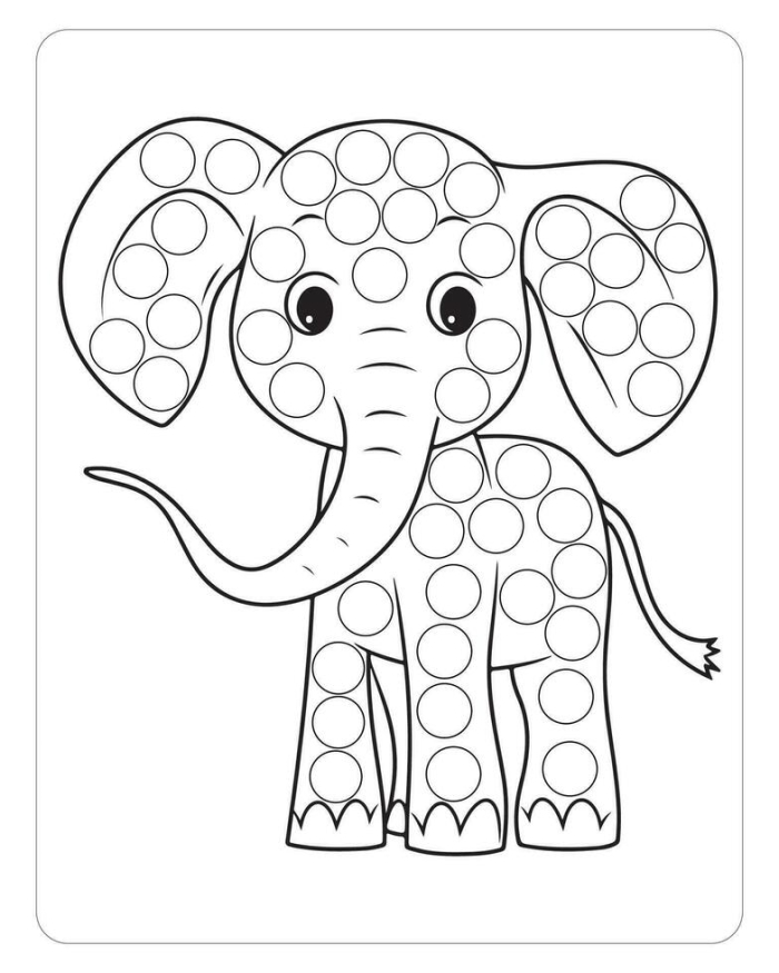 Elephant dot to dot worksheet for kindergarten students, featuring numbered dots to connect. Fun elephant illustration to color after completing the activity.
