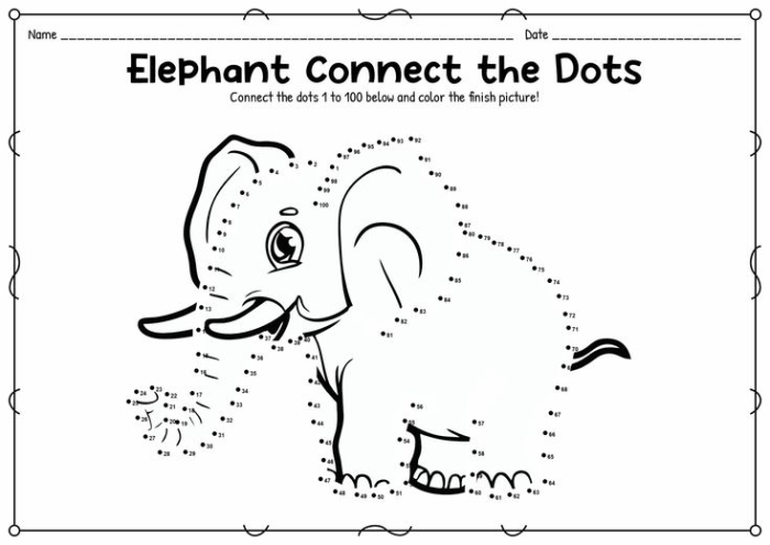 Elephant dot to dot worksheet for kindergarten students to connect and color the elephant