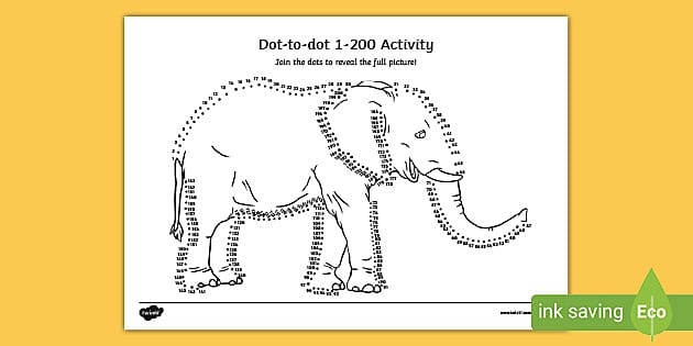 Elephant dot to dot worksheet for kindergarten students to connect the dots and color