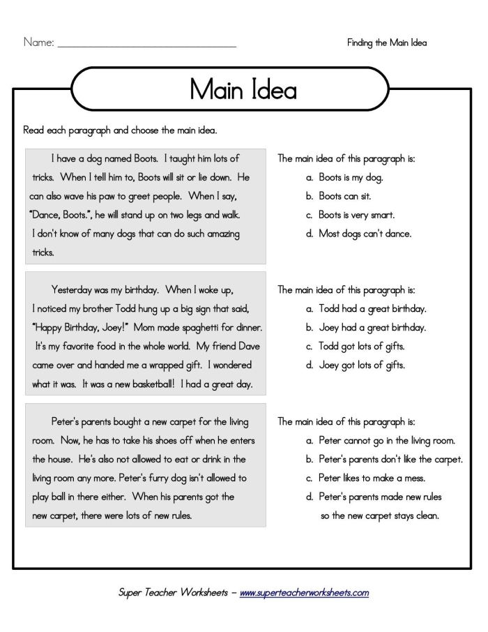 Fourth grade reading comprehension worksheet showing a paragraph about elephants with spaces for students to write the main idea and create a concluding sentence