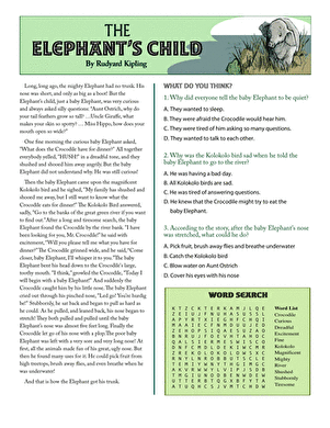 Fourth grade reading comprehension worksheet featuring a passage from The Elephant's Child for mixed operations practice