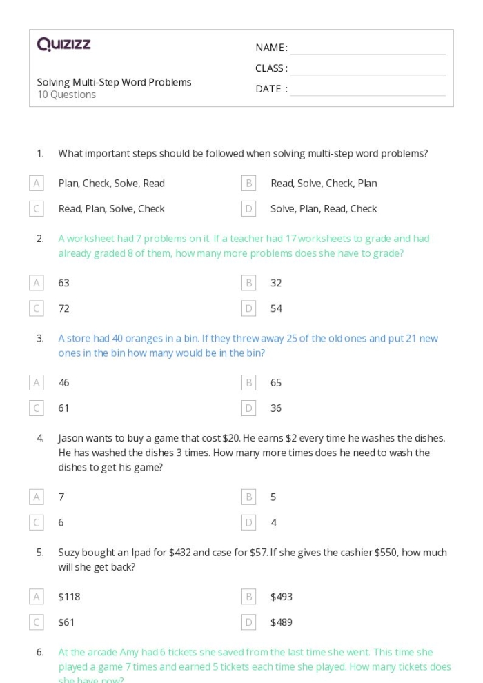 Third grade student working on a multi-step word problem worksheet about elevations with data charts