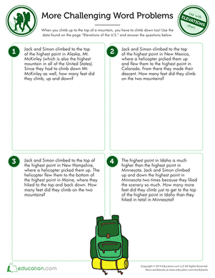 Elevations Word Problems Worksheet 19 Life Science Practice Third grade student worksheet featuring addition and subtraction word problems about elevation levels 19