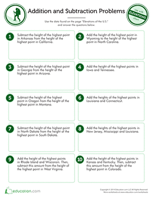 Elevations Word Problems Math Worksheet Number Fourteen Third grade students solving math word problems about elevation levels on a geography worksheet