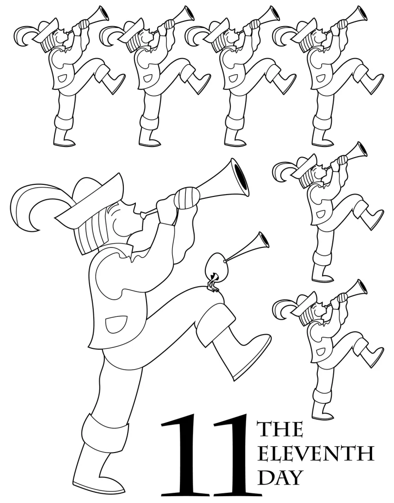 Eleven cheerful pipers piping in a snowy scene, inviting kids to count the snowflakes. Worksheet for counting numbers featuring eleven pipers celebrating Christmas.