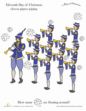 A festive scene featuring eleven pipers piping in a snowy landscape, inviting kids to count the falling snowflakes. Worksheet image for counting fun with Eleven Pipers Piping theme.