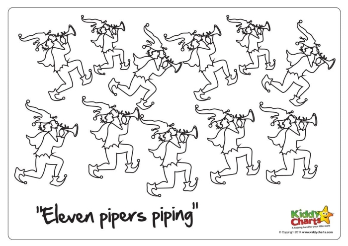 A cheerful scene of eleven pipers playing music in the snow, surrounded by falling snowflakes. Worksheet for counting snowflakes with the theme of Eleven Pipers Piping.