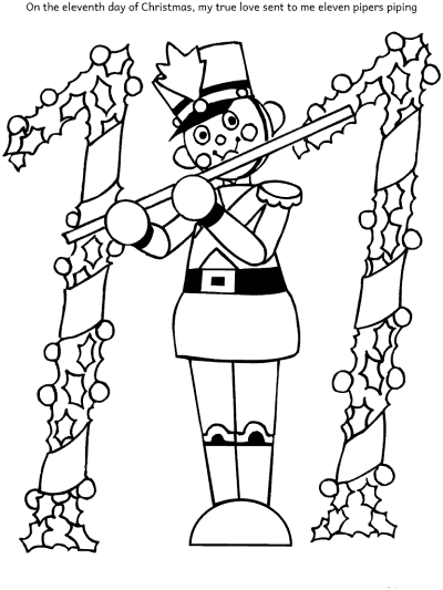 Eleven cheerful pipers piping in the snow, surrounded by falling snowflakes