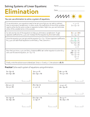 Eighth-grade algebra elimination method practice worksheet image 12 Students working on a worksheet to solve systems of linear equations using the elimination method