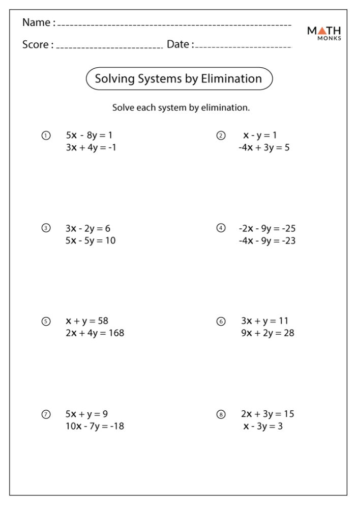 Worksheet for eighth graders focused on solving systems of linear equations in word problems. Elimination method practice for students learning algebra concepts.