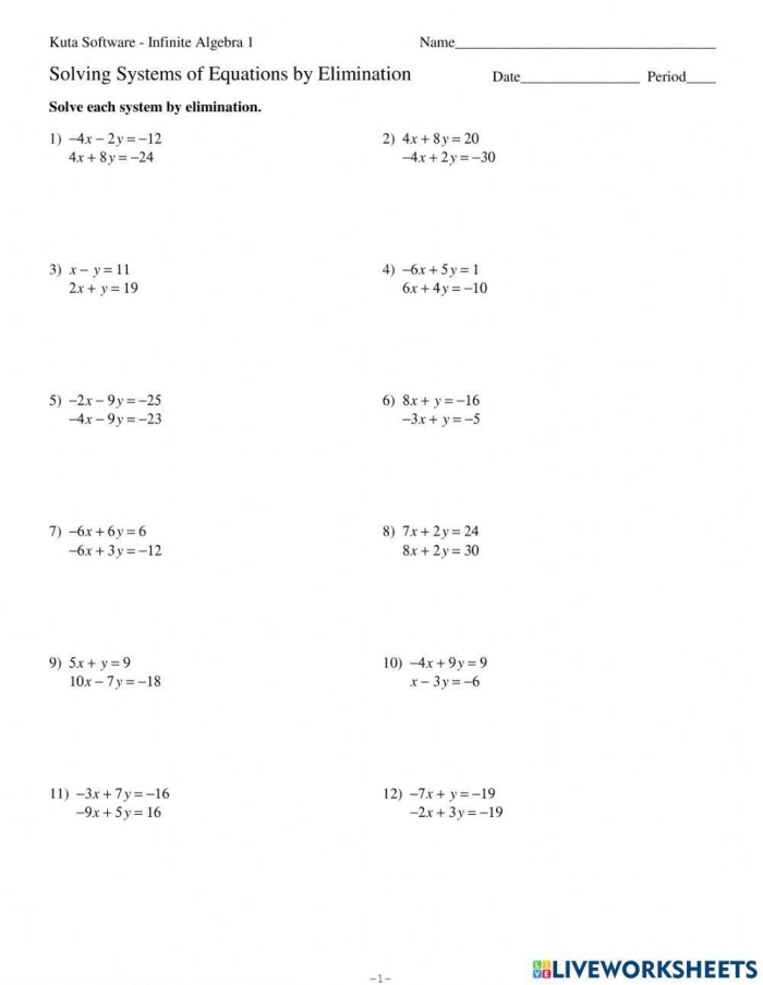 Students engaging with an elimination worksheet on systems of linear equations word problems
