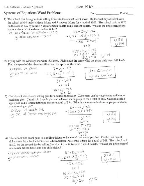 Students working on an elimination worksheet for systems of linear equations word problems