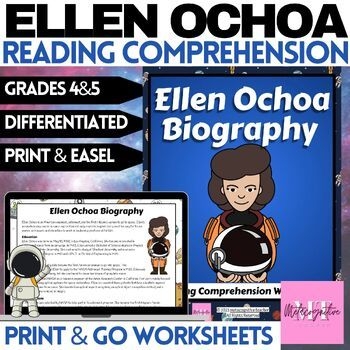 Sixth grade informational reading worksheet featuring a biography of astronaut Ellen Ochoa