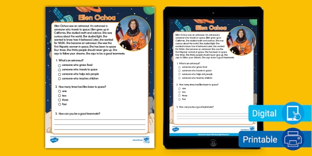Sixth grade informational reading worksheet featuring a biography of astronaut Ellen Ochoa
